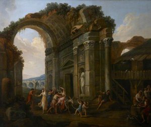A Procession of Classical Figures with a Donkey and a Tambourine (a set of six decorative wall panels)