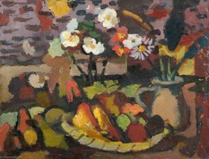 Still Life With A Fruit Bowl And A Jug With Flowers — Theodor Kern