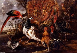 A Peacock In A Landscape With Roosters, Turkeys, Ducks, A Heron And A Parrot — Jan Fyt (joannes Fijt), Baroque