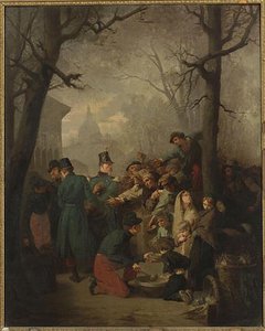 Soldats distribuant du pain aux indigents. 14e de ligne camp des Invalides, 1849