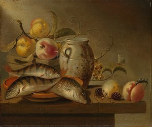 Still Life With Earthenware Jar, Fish And Fruit, Harmen Steenwijck, 1652 — Harmen Steenwijck