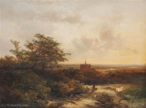 A Wooded Landscape With A Village In The Background — Pieter Lodewijk Francisco Kluyver