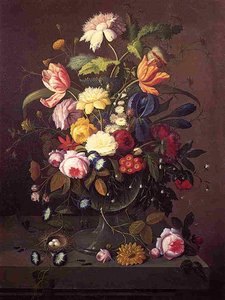 Vase Of Flowers In Footed Glass Bowl With Bird's Nest — Severin Roesen