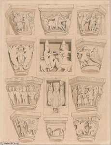 Capitals And A ^ B Bas-reliefs In The Abbey Church Of Saint Georges De Bocherville, Near Rouen — John Sell Cotman