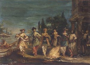 Three Couples In Exotic Dress Dancing In Front Of A Fire — Gianantonio Guardi