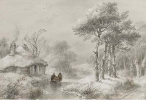 A Wooded Winter Landscape With Figures By A Cottage — Andreas Schelfhout
