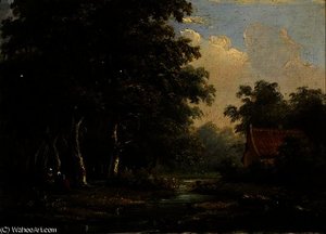 Figures near a house next to a ditch