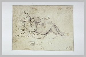 Enfant Nu Couché Sur Le Dos, Sur Une Draperie — Hans Von Aachen