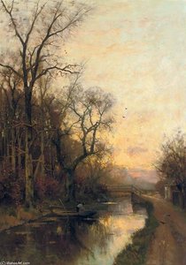 On The Canal At Sunset — Fredericus Jacobus Van Rossum Du Chattel, Realism