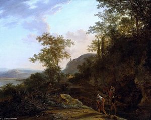 italianate landscape with a mountain path and ford