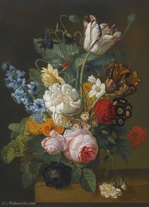 Still life of flowers, including roses, tulips and a hyacinth, on a ledge