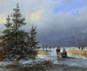 Scaters On Frozen River 3 Sun — Andreas Schelfhout