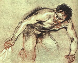 Kneeling Male Nude — Jean-antoine Watteau, Rococo Style