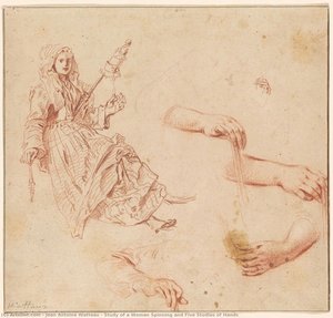 Study Of A Woman Spinning And Five Studies Of Hands — Jean-antoine Watteau, Rococo