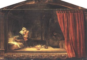 The Holy Family With A Curtain — Rembrandt Van Rijn, Baroque