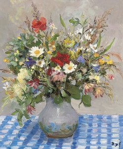 Wild Flowers On The Table-cloth Of Blue And White, (1977) — Marcel Dyf