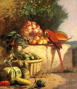 Fruit And Vegetables With A Parrot — Eugène Louis Boudin, Impressionistic Still Life