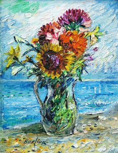 Bouquet Of Wild Flowers With Ocean Background — David Davidovich Burliuk