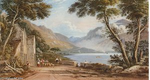 Figures And Sheep On A Lane, By Tal-y-llyn Lake, Near Cader Idris, North Wales — John Varley I (the Older), Romantic Landscape Painting
