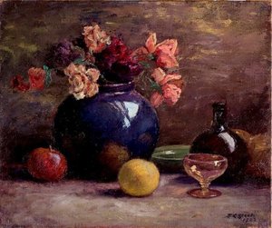 Flowers In Vase, Wine Glass And Fruit — Theodore Clement Steele, Impressionism