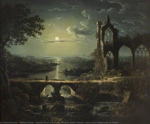 Moonlit River Scene With A Ruined Gothic Church, And A Stone Bridge With An Angler — William Pether, Romanticism
