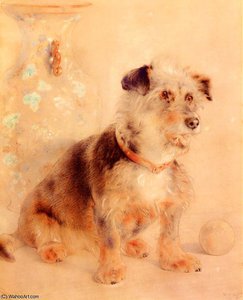 Terrier Seated Before A Canton Famille Rose Vase — William Huggins, Contemporary Realism