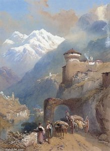 Travellers Moving Along A Mountain Pass In An Alpine Landscape — Thomas Charles Leeson Rowbotham
