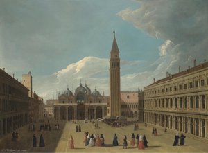 Venice, A View Of The Piazza San Marco, With Figures Gathered Round An Artist Painting A Portrait On A Stage — Johann Richter