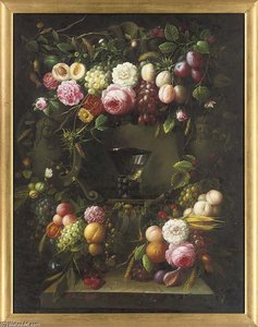 Roses, Tulips, Peonies, Grapes, Lemons And Butterflies, With A Roemer On A Ledge; And Roses, Grapes, Peaches, Thistles And Corn, With A Roemer On A Ledge — Thomas George Webster