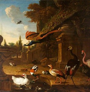 Ornamental Fowl In And Beside A Pond In A Park, With A Peacock In Flight — Melchior De Hondecoetter, Baroque