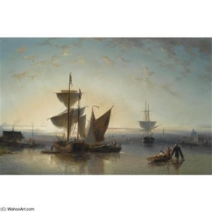 Moored Sailing Vessels, A Town In The Background — Nicolaas Riegen