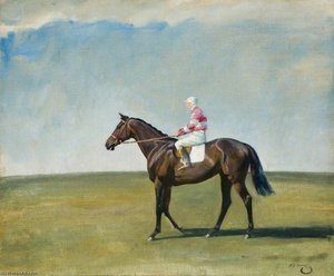 A Bay Racehorse With Jockey Up, In Pink And White Striped Colours, In A Landscape — Sir Alfred James Munnings
