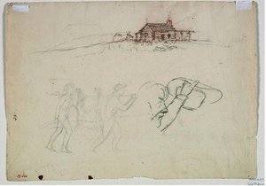 A Log Cabin, Huntsmen Carrying A Deer, And A Man Holding His Hat — Thomas Cole