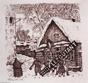 Hanging The Signboard — Boris Mikhailovich Kustodiev, Expressionism