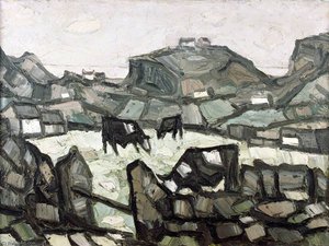 Fresians In A Field With The Coast Beyond — John Kyffin Williams