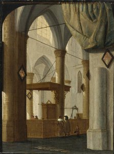 Interior Of The Grote Kerk, Dordrecht With An Elegant Couple, A Trompe L'oeil Curtain Above, Set Against A Feigned Black Frame — Daniel De Blieck