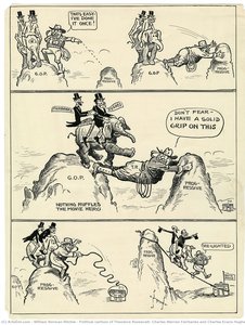 Political Cartoon Of Theodore Roosevelt, Charles Warren Fairbanks And Charles Evans Hughes Traveling To The White House — William Norman Ritchie, Political Cartooning