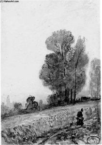 A Woman Walking On A Road In Normandy — Paul Huet