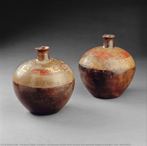 Ceramic Ceremonial Vessel With Incised And Painted Stepped Designs (left) Ml010416 — Paracas Style, Paracas Style