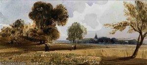 Figures walking on a path through a cornfield, a church beyond