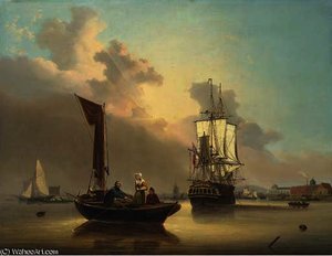 A frigate at anchor amidst local craft, including a doble, on the medway