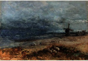 Sheep Grazing By A Windmill - A Storm Approaching — David Cox