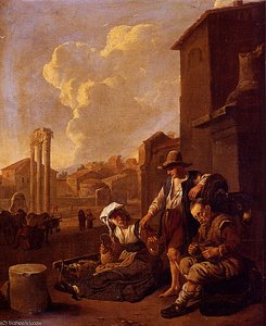 Peasant family having bread and wine