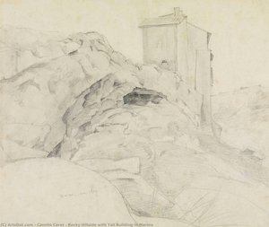 Rocky Hillside With Tall Building In Marino — Jean-baptiste-camille Corot, Romanticism