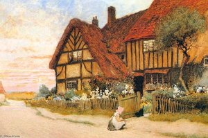 Girl With Kitten Outside A House — Arthur Claude Strachan