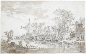 Farm Buildings By A River; Several Boats On River — Jan Josephszoon Van Goyen