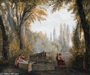A Park Landscape With Women And Children Beside A Fountain — Abraham-louis-rodolphe Ducros