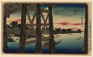 View Of Full Moon From The Scaffolding Beneath A Bridge, With City On The Left — Katsushika Hokusai