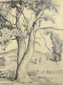 Pine With Farm And Fence — Alfred Heber Hutty