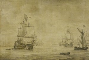 An English Three Decker With The Fleet In Light Airs — Willem Van De Velde The Elder
